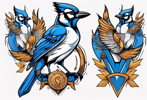 bluejay in a suit with a single medal tattoo idea