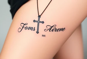 Cross with necklace on leg with initial MK tattoo idea