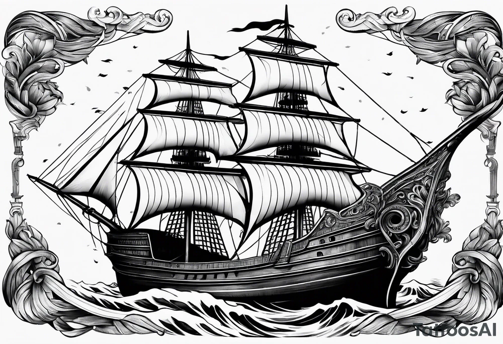 huge dark wooden ship tattoo idea