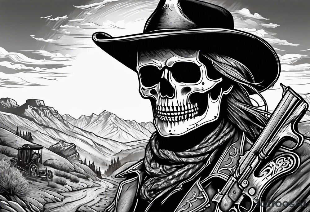 skeleton with a cowboy hat, holding a revolver, in the background there's a western hill and a man on a horseback tattoo idea