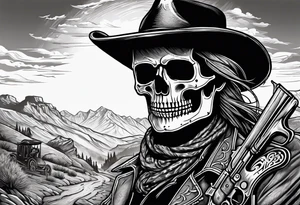 skeleton with a cowboy hat, holding a revolver, in the background there's a western hill and a man on a horseback tattoo idea