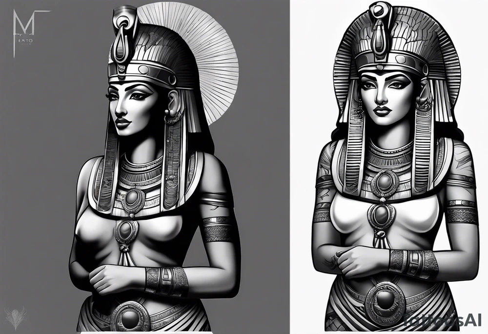 black and gray photo realistic goddess isis with minimal detail tattoo idea