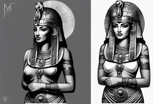 black and gray photo realistic goddess isis with minimal detail tattoo idea