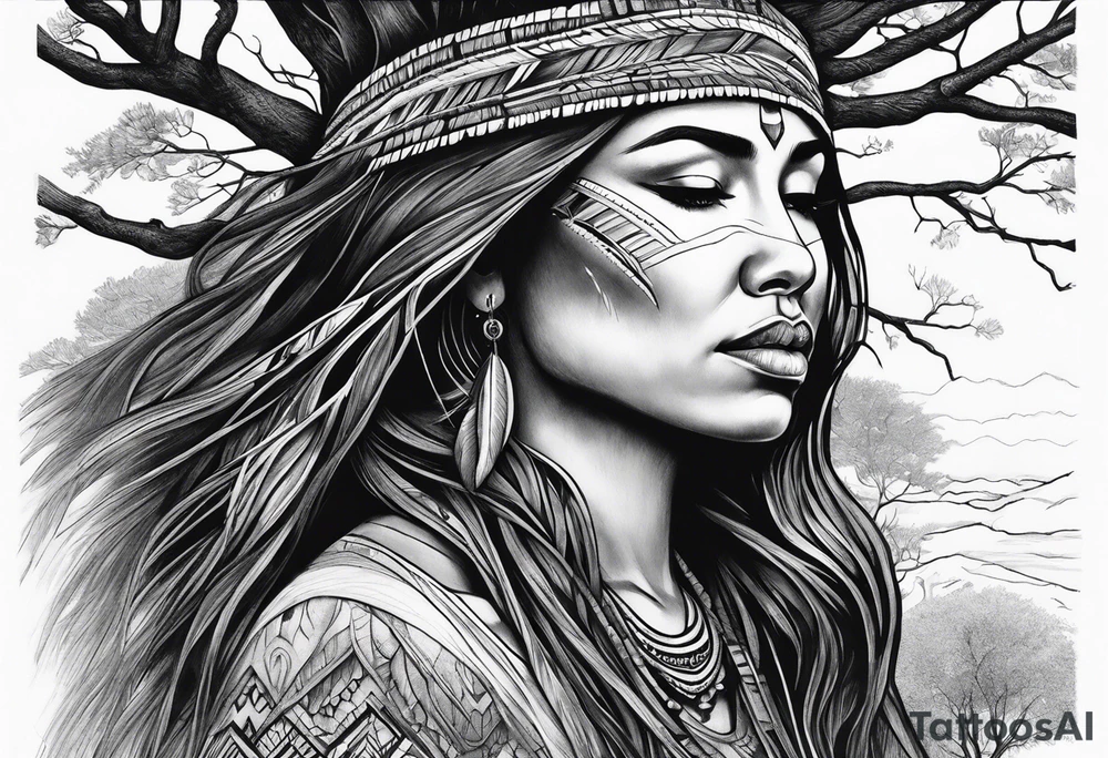 Tree with upper branches forming a native American woman's face as she looks down onto the trees that forms her face and a lonely woman kneels there tattoo idea