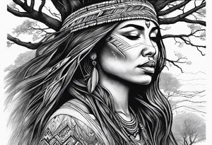 Tree with upper branches forming a native American woman's face as she looks down onto the trees that forms her face and a lonely woman kneels there tattoo idea