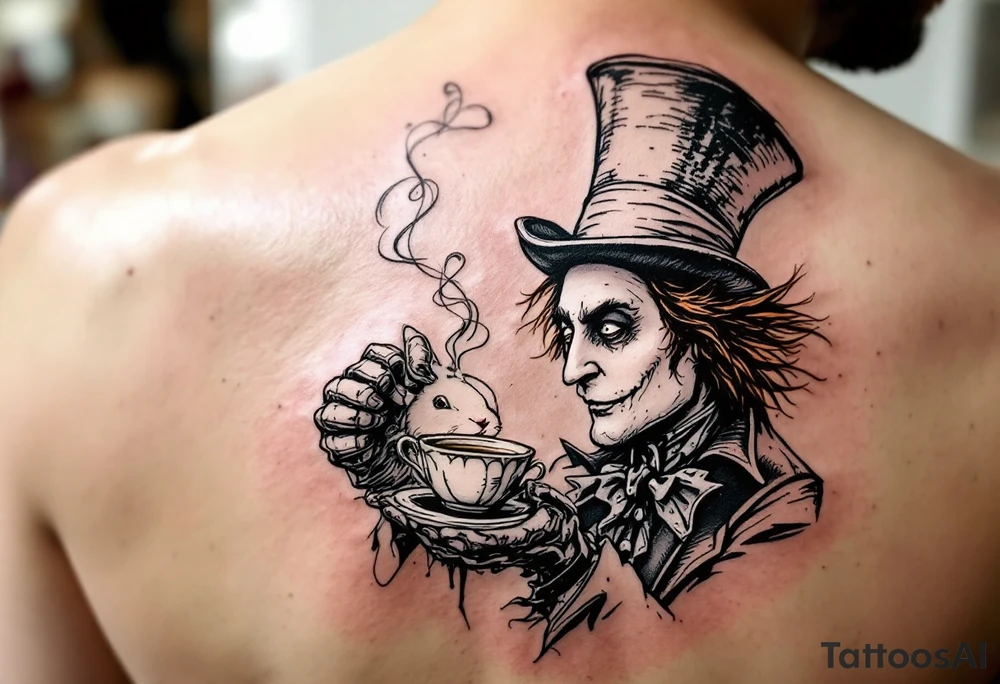 The mad hatter pouring a cup of 
tea into the white rabbits head tattoo idea