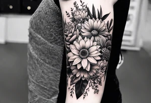 Forearm sleeve with cactus, daisies, and greenery tattoo idea