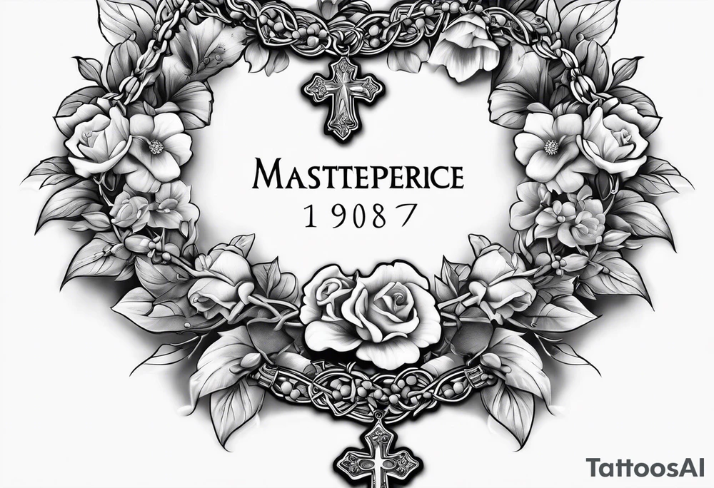rosary with floral vines wrapped around it loving memory 1918-2006 tattoo idea