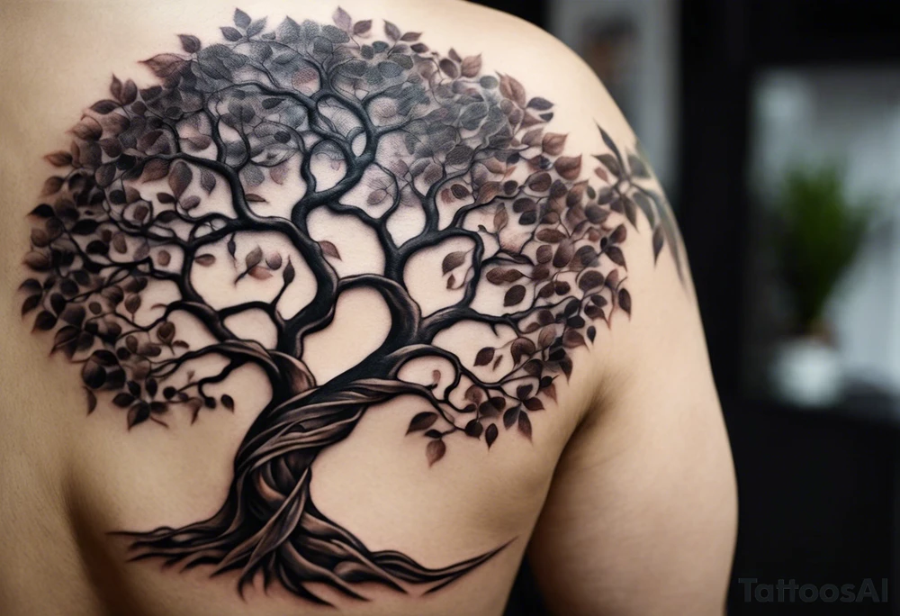 create a tattoo of a tree with its roots forming the double helix structure of DNA, symbolizing the essence of life and growth. The trunk of the tree could extend upwards, branching out into the familiar silhouette of Michelangelo's hands from the "Creation of Adam." The hands could be positioned to delicately cradle a small seed or budding flower, representing the potential for new beginnings and creation tattoo idea