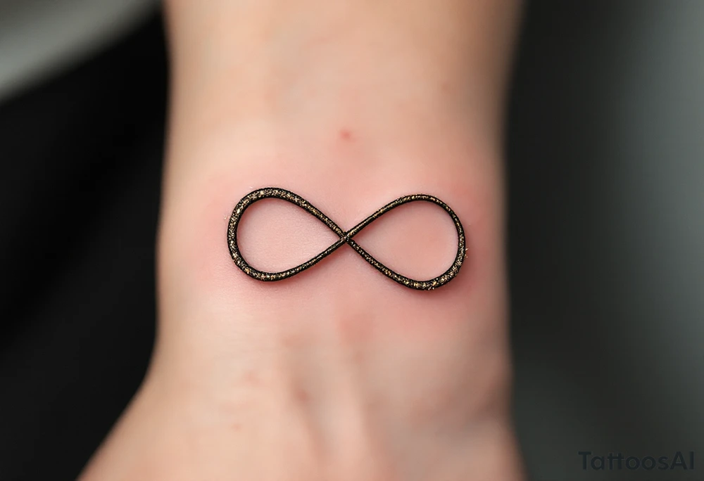 A thin, minimalist infinity outline in black gold, with tiny white sparkles accenting the curves. tattoo idea