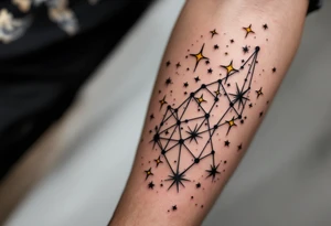 An abstract Capricorn star constellation tattoo featuring bold black lines and radiant yellow stars scattered in the pattern tattoo idea