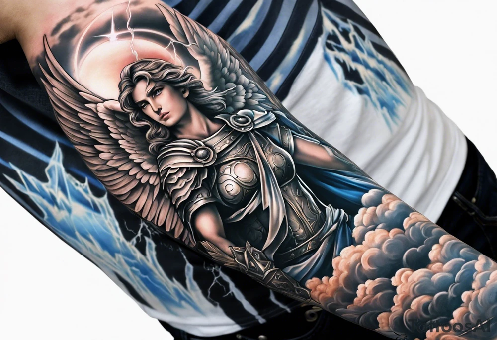 forearm sleeve of michael the archangel with clouds and lightning tattoo idea
