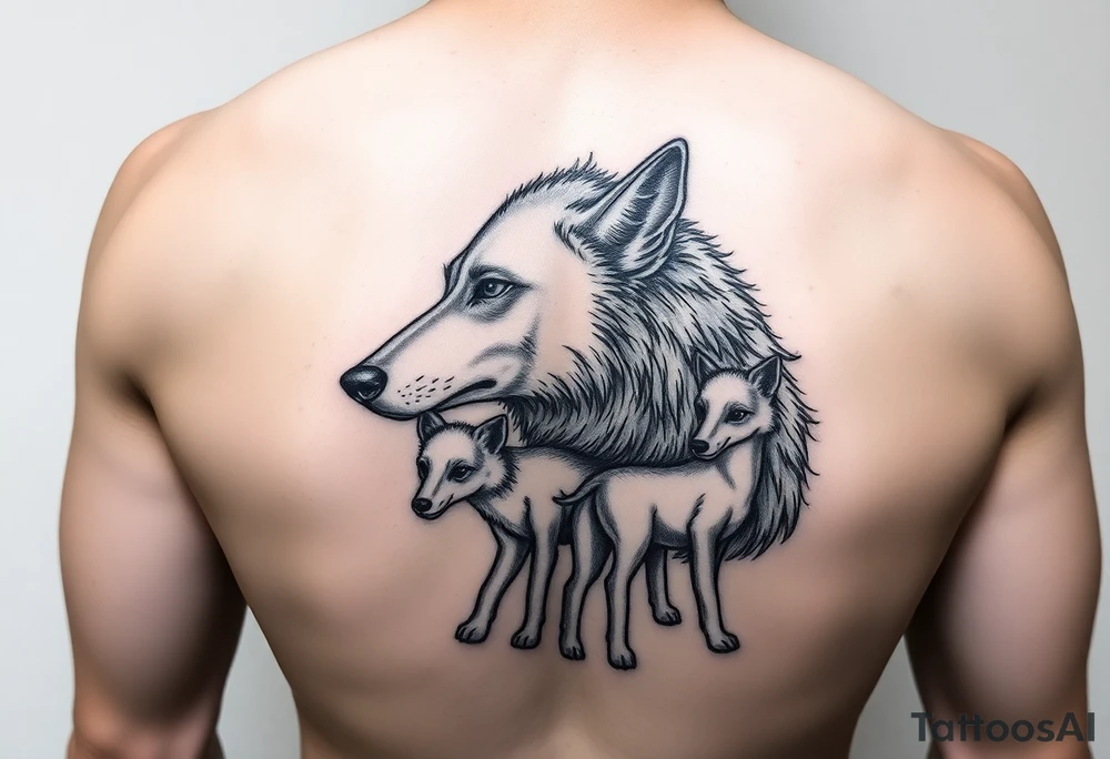 A solitary yet sublime and noble wolf and its progeny. tattoo idea
