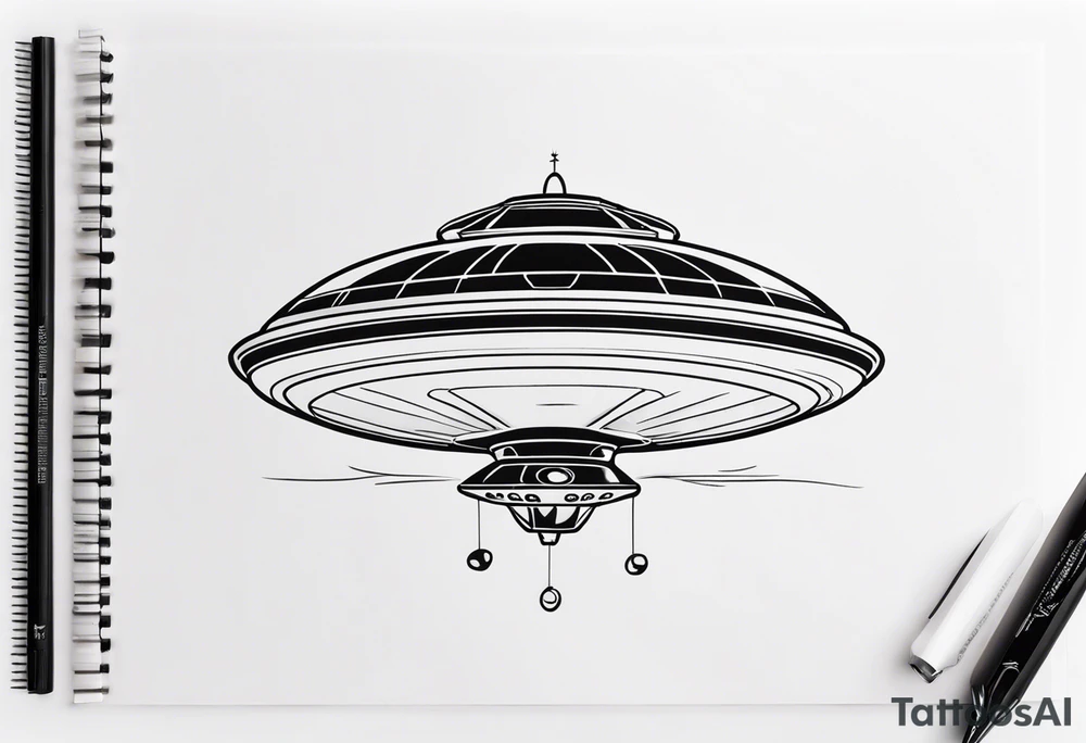 engineer Drawing of an alien flying saucer in three projections tattoo idea