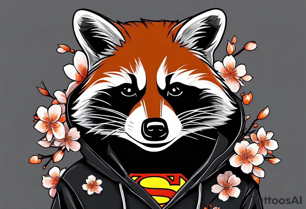 Raccoon wearing a white Superman logo on a black hoodie and orange Japanese cherry blossoms tattoo idea