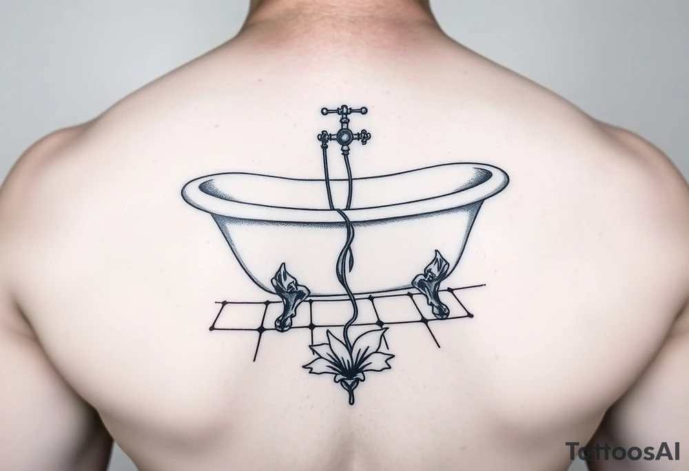clawfoot bathtub with faucet on a tile floor and lily coming up out the floor tattoo idea
