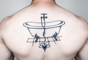 clawfoot bathtub with faucet on a tile floor and lily coming up out the floor tattoo idea