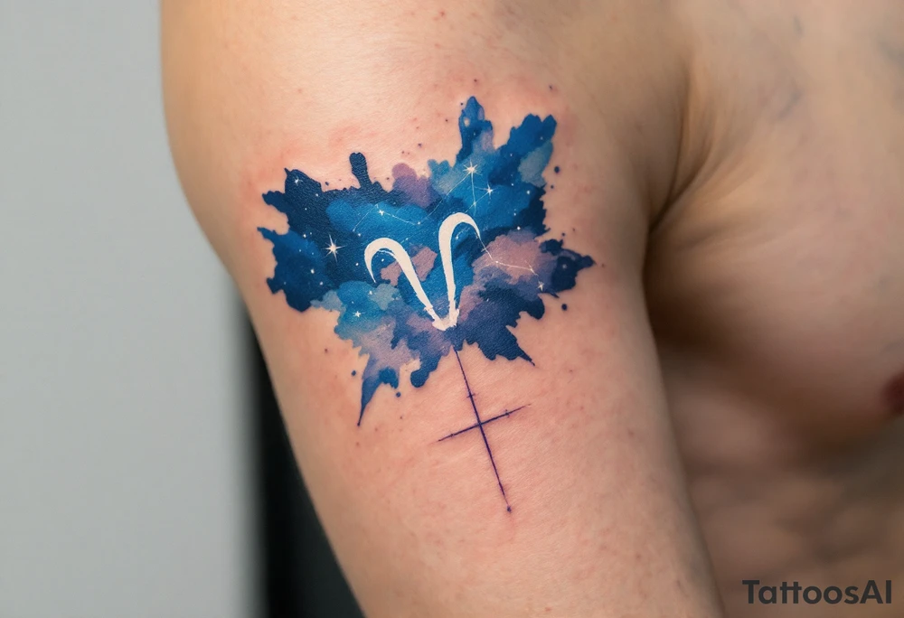A night-sky Aries tattoo combines navy and indigo watercolor with the Aries star constellation drawn in white ink. tattoo idea