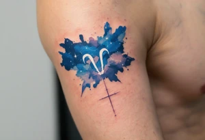 A night-sky Aries tattoo combines navy and indigo watercolor with the Aries star constellation drawn in white ink. tattoo idea