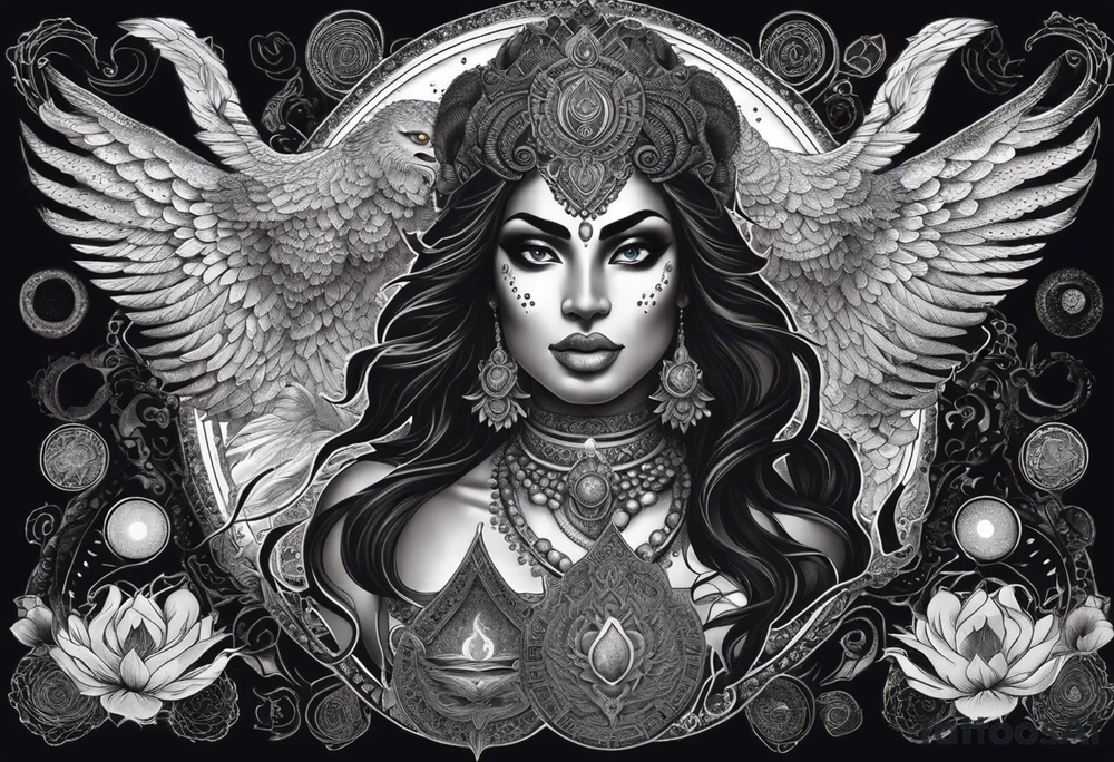 black kali, goddess pirate, alien, angel, pachamama, valkrye, warrior, flying, skull, lotus azul, wing, eagle, zenza resonance, stars, 5D, anahata chakra, death, durga, riding on a tiger, flying lady, kundalini, chest tatoo, samuri, rebel,serpent tattoo idea