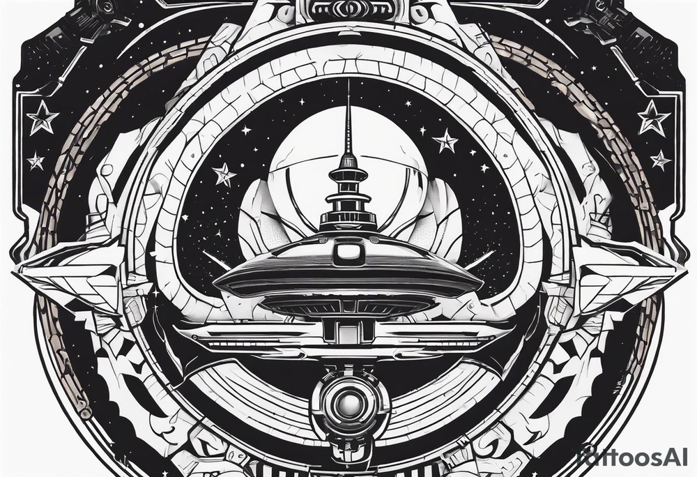 Powerful snake with an engine, also the dseign must be vertical. Also, the desing must be minimalistic not saturated. Remember the vertical proportion of the design. Within the design appears a spaceship with stars and bullets tattoo idea