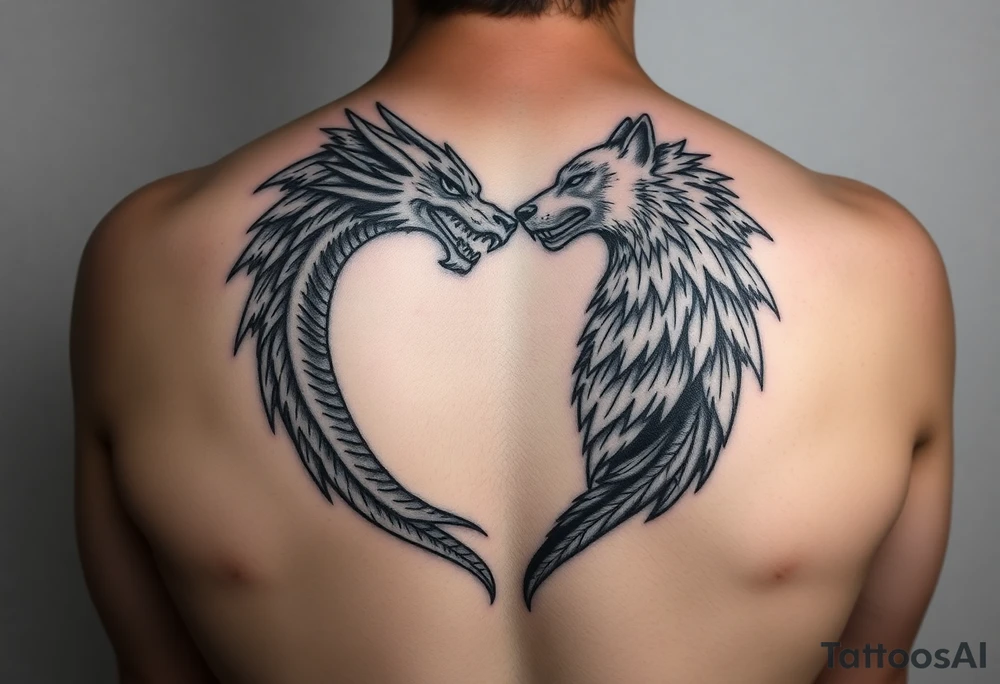 A dragon and a wolf in the shape of a heart tattoo idea