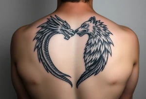A dragon and a wolf in the shape of a heart tattoo idea