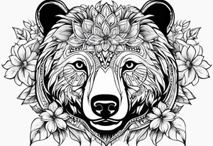 Tribal bear face with flower ear tattoo idea