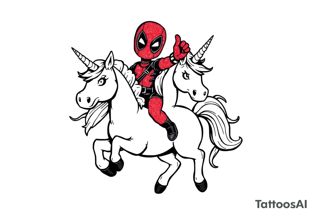 Silly glittery Deadpool riding unicorn giving middle finger tattoo idea