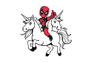 Silly glittery Deadpool riding unicorn giving middle finger tattoo idea
