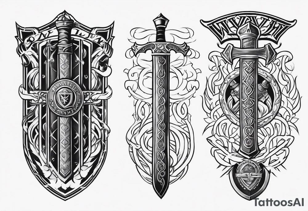 Valhalla sword fire chains shield family tattoo idea