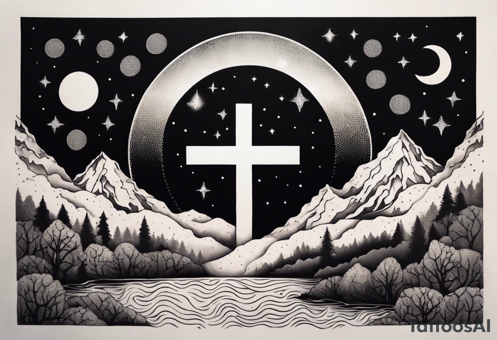 nature with mountains, waterfall, water, and a cross in the background and and moon/sun in the sky with stars tattoo idea