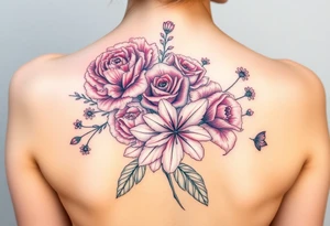 3d realistic Bouquet Carnation rose lily luster and aster flower tattoo idea