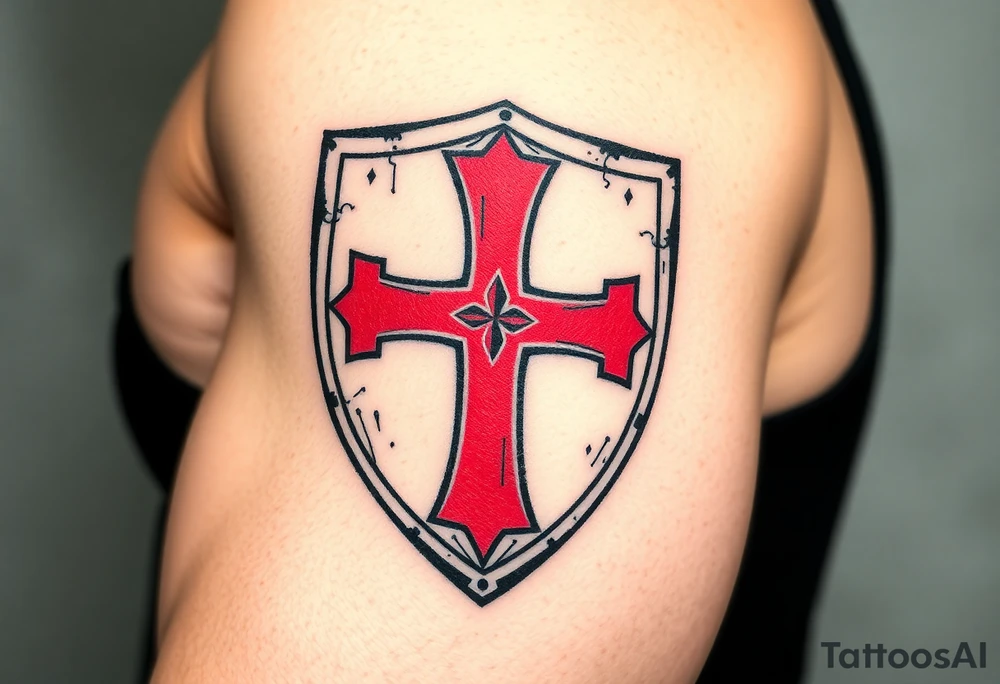 A black and red Templar cross embedded into a medieval shield, with scratches and dents for an authentic warrior aesthetic tattoo idea