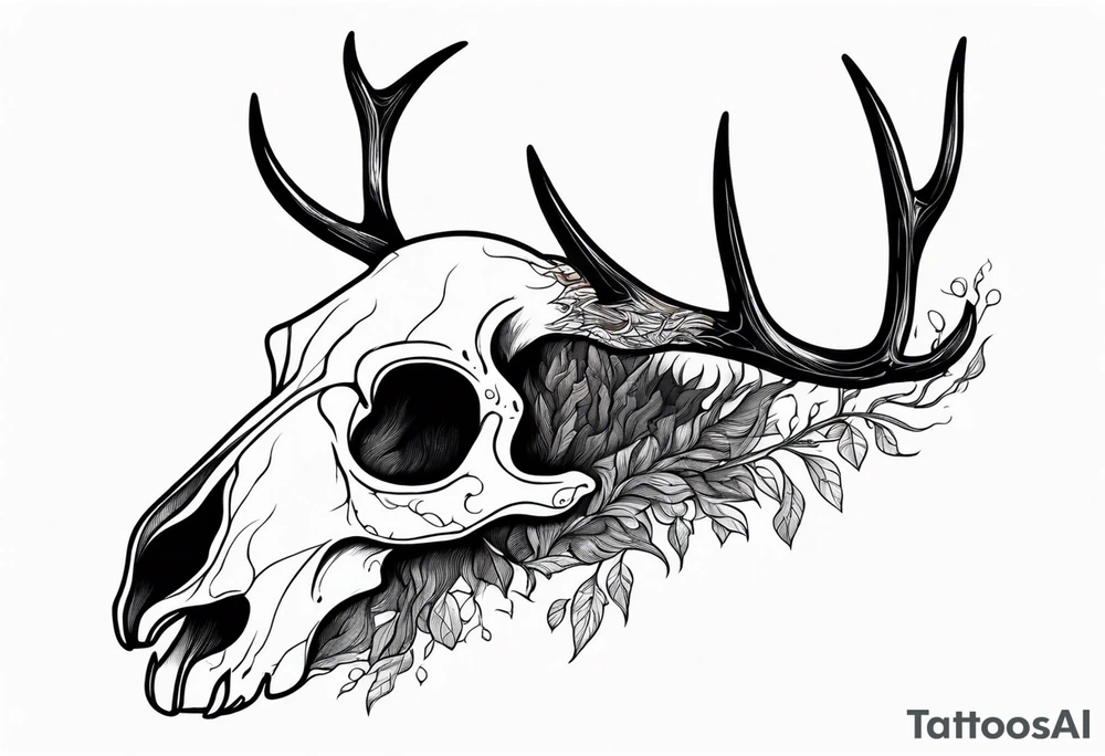 Scary side profile of a DECAYING deer skull JUST BONE surrounded by a flames and trees in background tattoo idea