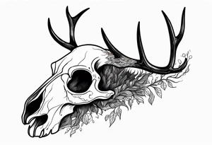 Scary side profile of a DECAYING deer skull JUST BONE surrounded by a flames and trees in background tattoo idea