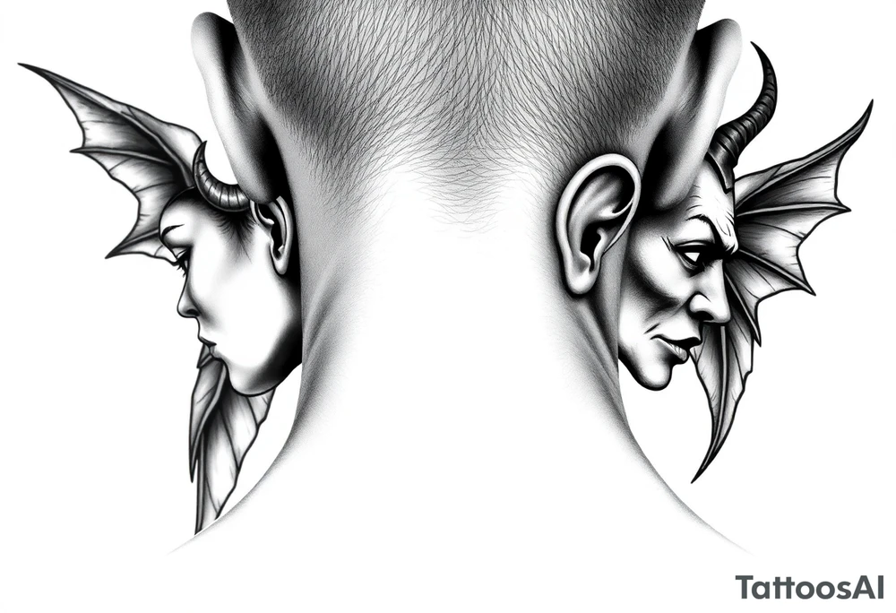 position behind the neck Angel (on the right) whispering in the right ear, demon (on the left) whispering in the left ear tattoo idea