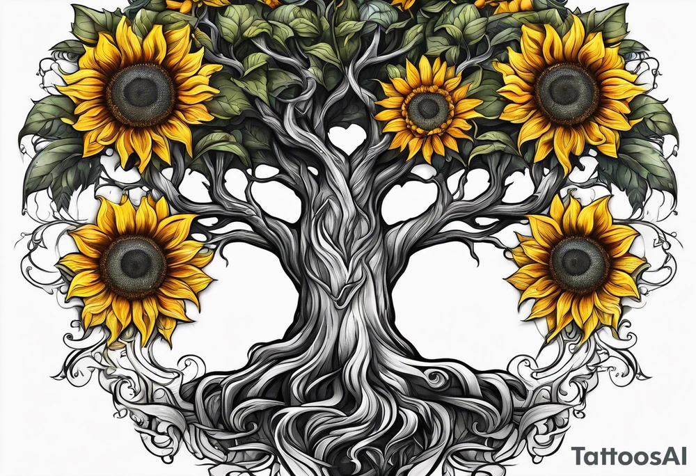 Feminine Yggdrasil tree with two sunflowers tattoo idea