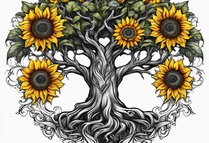 Feminine Yggdrasil tree with two sunflowers tattoo idea
