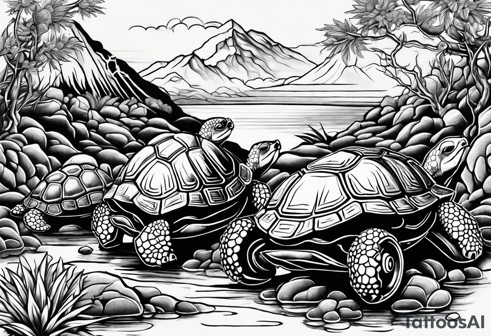 For forearm Mountains, Honda three wheeler, four turtles watching from the path tattoo idea