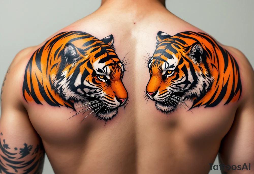 Matching couple orange and black tiger stripes wrapping around both upper arms tattoo idea