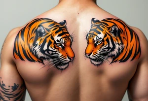 Matching couple orange and black tiger stripes wrapping around both upper arms tattoo idea