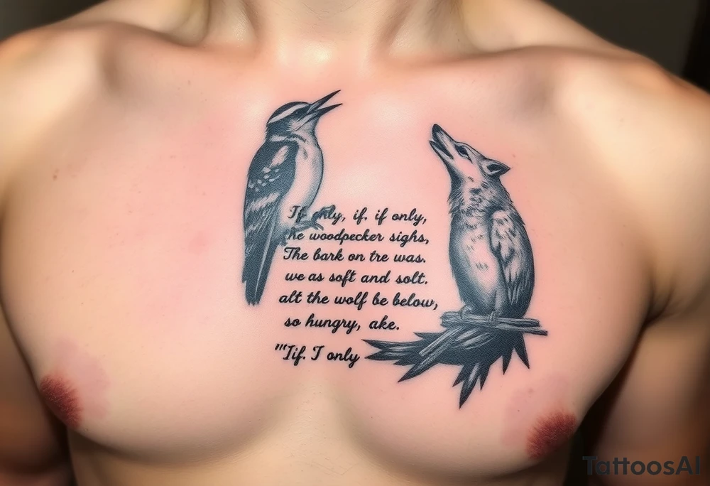 “"If only, if only," the woodpecker sighs,

The bark on the tree was as soft as the sky.

As the wolf waits below, so hungry and lonely,

He cries to the moon, "If only, if only."” 
written as a tattoo on rib cage tattoo idea