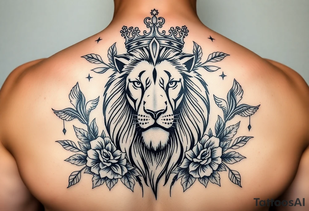 powerful majestic lion with a crown, surrounded by floral ornaments and birds tattoo idea