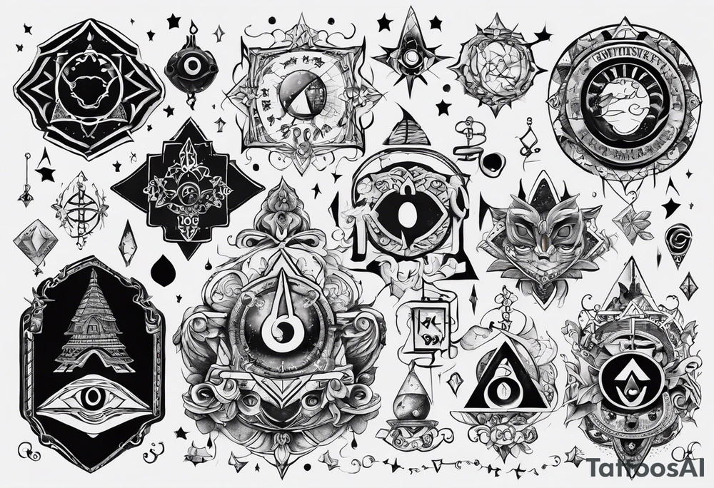 I want a mysterious enigmatic tattoo, with mysterious symbols and phrases, with the meaning of curiosity about conspiracy theories, the future, and the past, something that completes the upper part of the arm that is between the middle of the arm and the shoulder tattoo idea