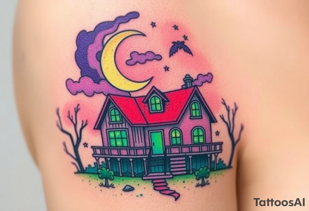 Tim Burton’s haunted pastel beach home is abandoned and dripping with muted reds, dusty pinks, and eerie green glow.purple and cyan smokey clouds swirl in the crescent moonlit sky thats sprinkled with stars tattoo idea tattoo idea