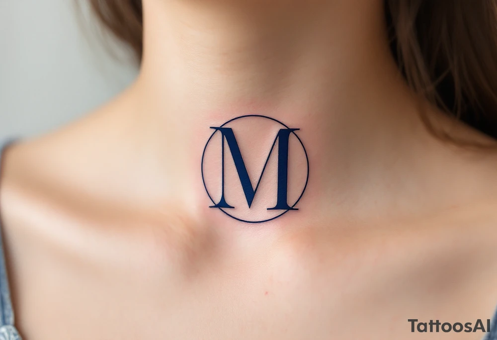 An elegant serif "M" in midnight blue, placed within a fine circular frame. tattoo idea