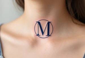 An elegant serif "M" in midnight blue, placed within a fine circular frame. tattoo idea