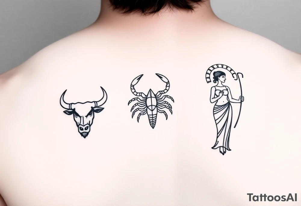 Minimalist tattoo design, featuring three distinct figures: a powerful bull, a stylized scorpion, and a graceful maiden (Virgo), fine line art style, black ink, white background, clean contours, no shading, elegant composition, sophisticated masculine aesthetic, high contrast geometric tattoo idea