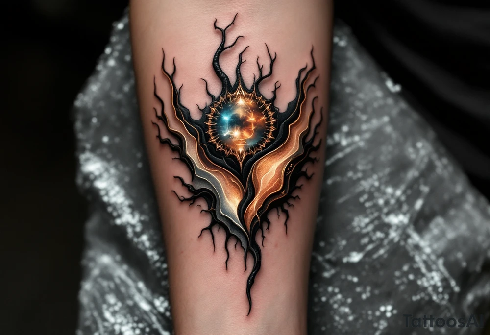 A fusion design of organic veins and metallic elements in jet black and bronze, blending with skin through shadowed transitions. tattoo idea